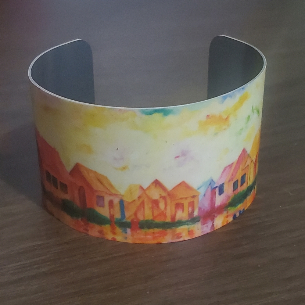 "NWOT" Source Unknown Colorful Village Scene Art  Aluminum Cuff Bracelet